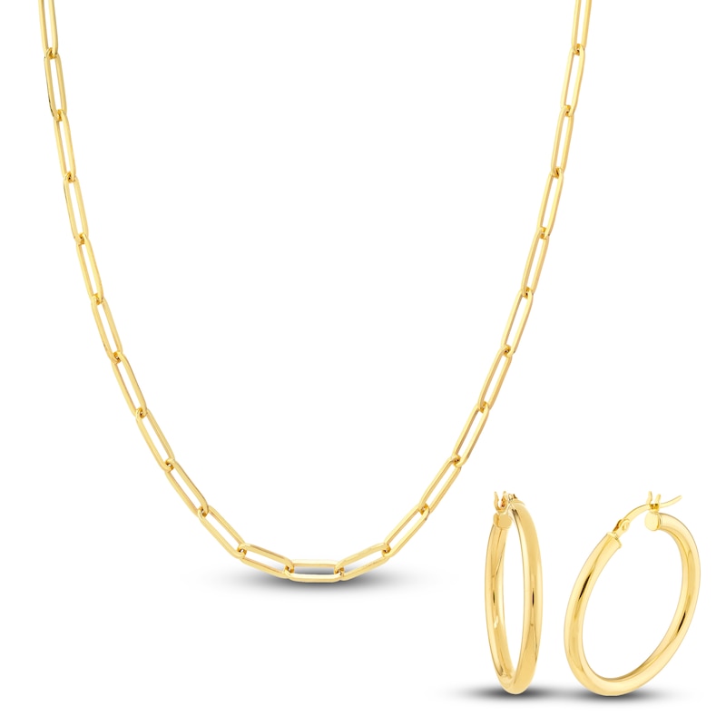 Paperclip Chain Necklace & Hoop Earring Set 14K Yellow Gold 3.8mm