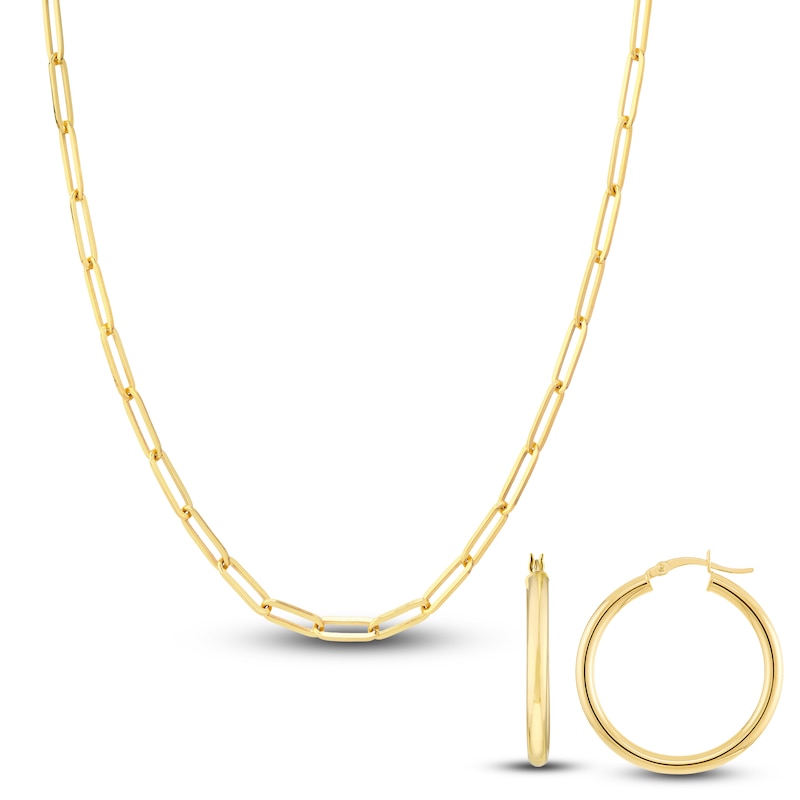 Paperclip Chain Necklace & Hoop Earring Set 14K Yellow Gold 3.8mm