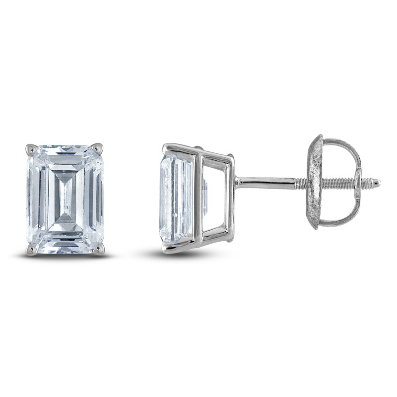 Main Image 1 of Emerald-Cut Lab-Grown Diamond Solitaire Stud Earrings 3/4 ct tw 14K White Gold (F/SI2)