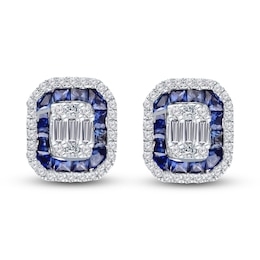 Kallati Natural Blue Sapphire & Diamond Double Frame Earrings 3/8 ct tw 14K White Gold