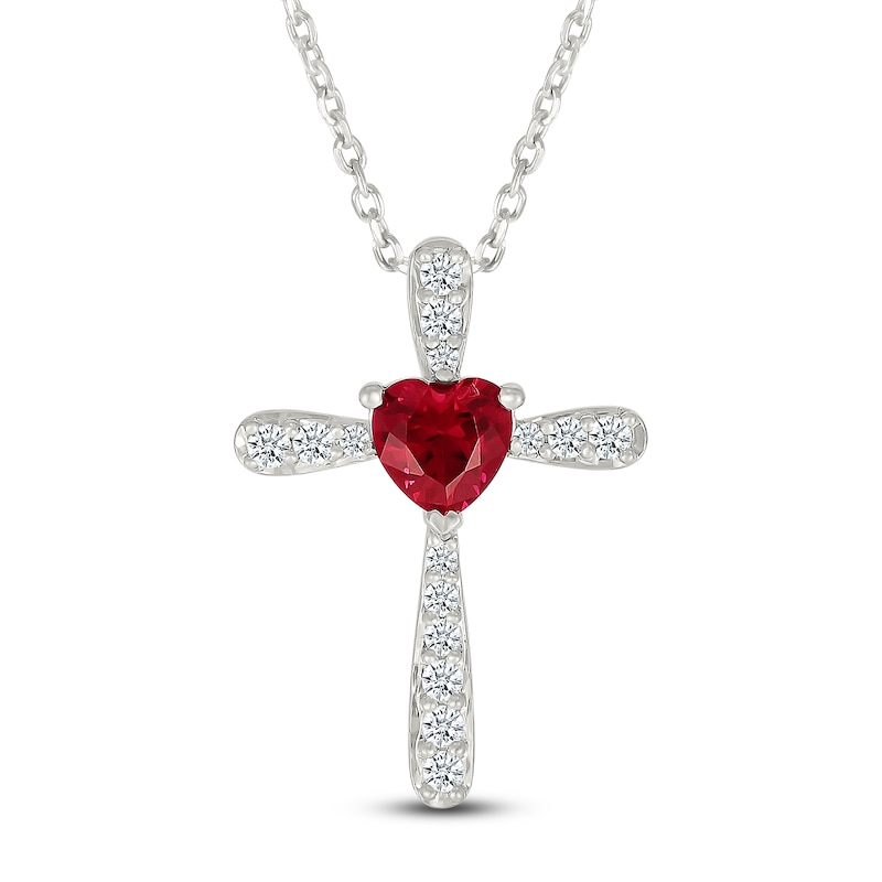 Main Image 1 of Heart-Shaped Lab-Created Ruby & White Lab-Created Sapphire Cross Necklace Sterling Silver 18"