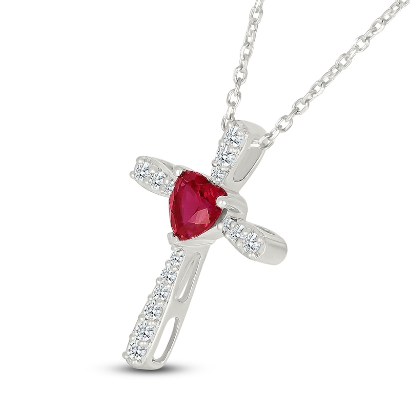 Main Image 2 of Heart-Shaped Lab-Created Ruby & White Lab-Created Sapphire Cross Necklace Sterling Silver 18"