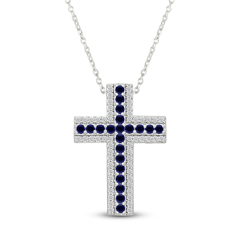 Main Image 1 of Blue & White Lab-Created Sapphire Cross Necklace Sterling Silver 18"
