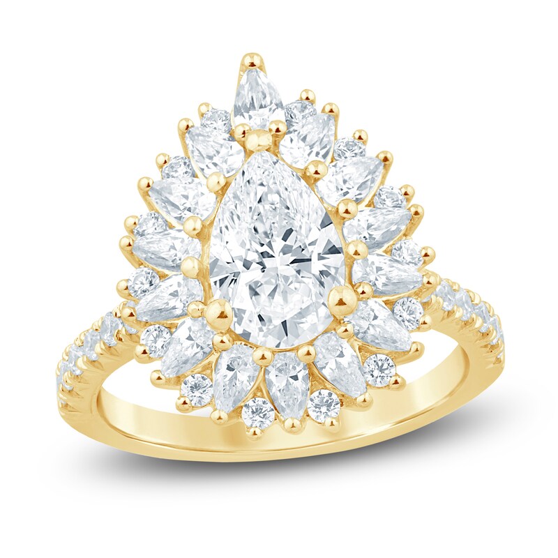 Main Image 1 of Pear-Shaped Lab-Grown Diamond Starburst Halo Engagement Ring 2-1/3 ct tw 14K Yellow Gold
