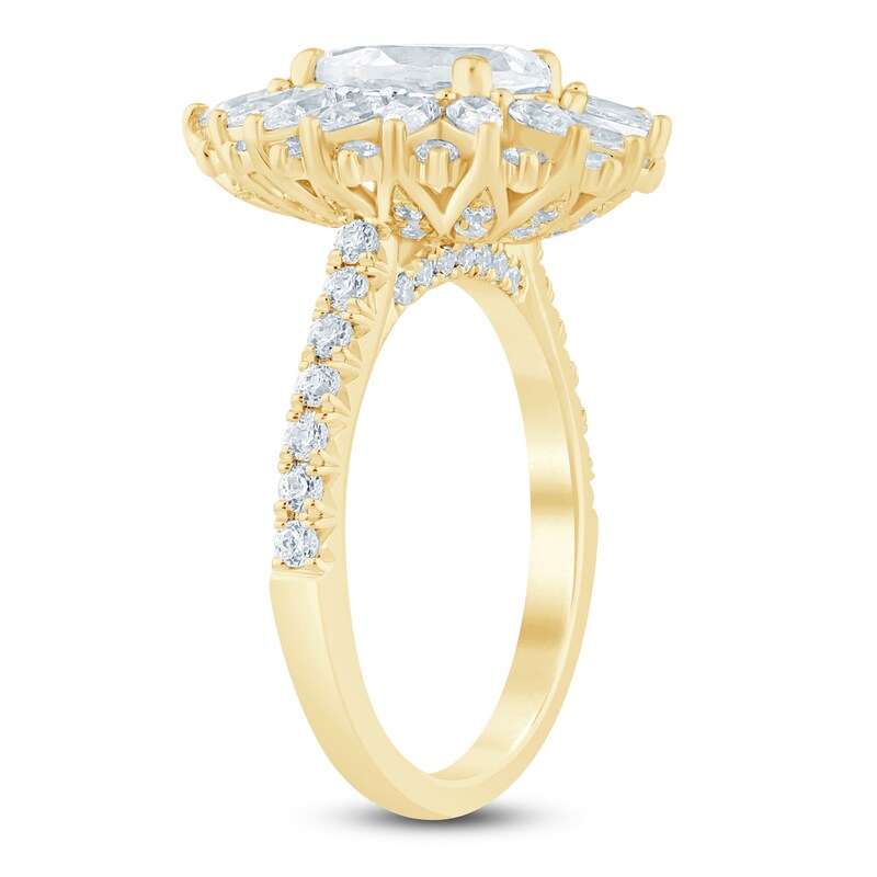 Main Image 2 of Pear-Shaped Lab-Grown Diamond Starburst Halo Engagement Ring 2-1/3 ct tw 14K Yellow Gold