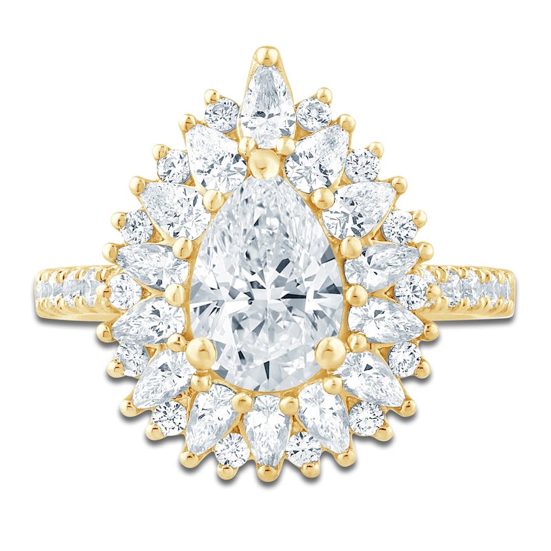 Main Image 3 of Pear-Shaped Lab-Grown Diamond Starburst Halo Engagement Ring 2-1/3 ct tw 14K Yellow Gold