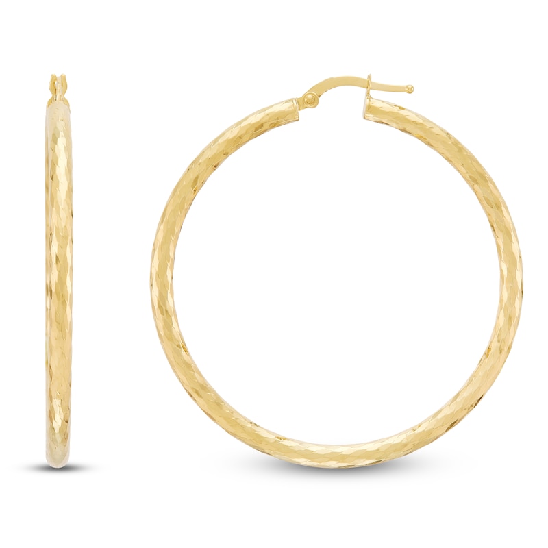 Main Image 1 of Diamond-Cut Scale Pattern Hoop Earrings 14K Yellow Gold 40mm