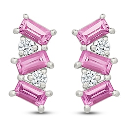 Baguette-Cut Pink Lab-Created Sapphire & Round-Cut White Lab-Created Sapphire Drop Earrings Sterling Silver