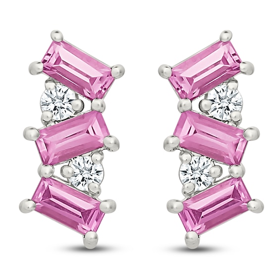 Baguette-Cut Pink Lab-Created Sapphire & Round-Cut White Lab-Created Sapphire Drop Earrings Sterling Silver