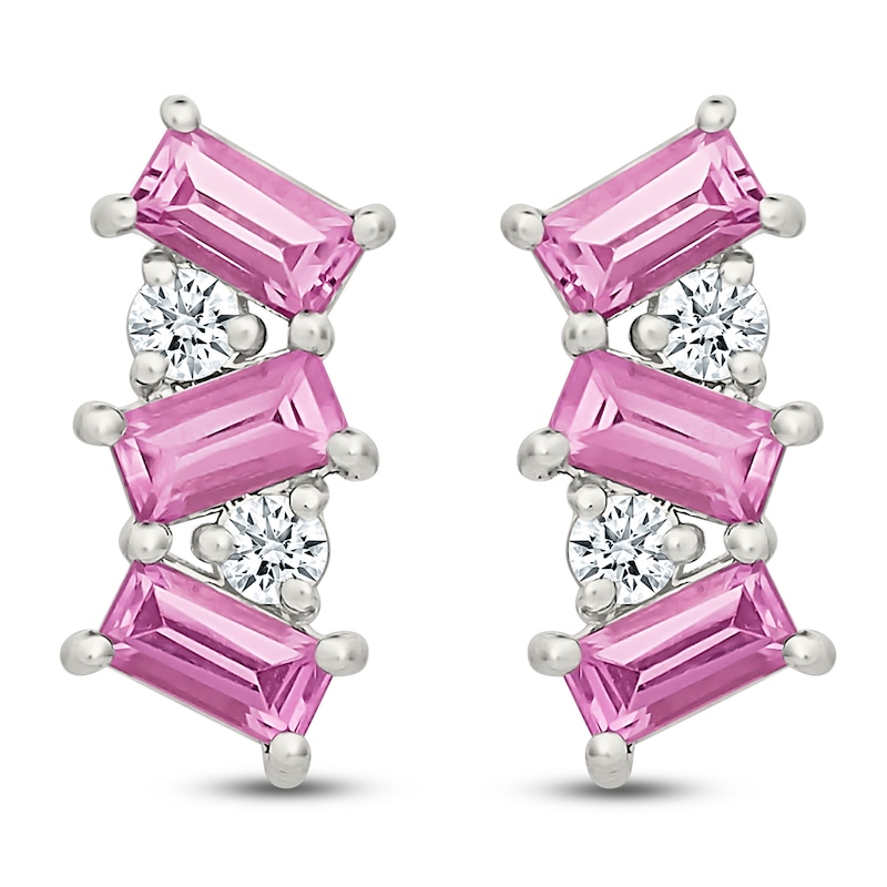 Main Image 1 of Baguette-Cut Pink Lab-Created Sapphire & Round-Cut White Lab-Created Sapphire Drop Earrings Sterling Silver