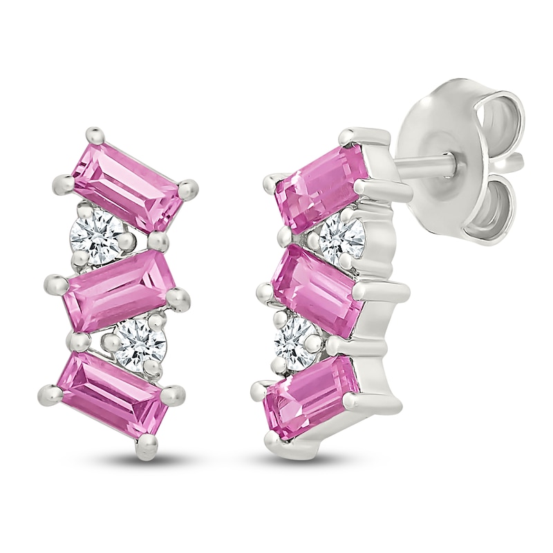 Main Image 2 of Baguette-Cut Pink Lab-Created Sapphire & Round-Cut White Lab-Created Sapphire Drop Earrings Sterling Silver