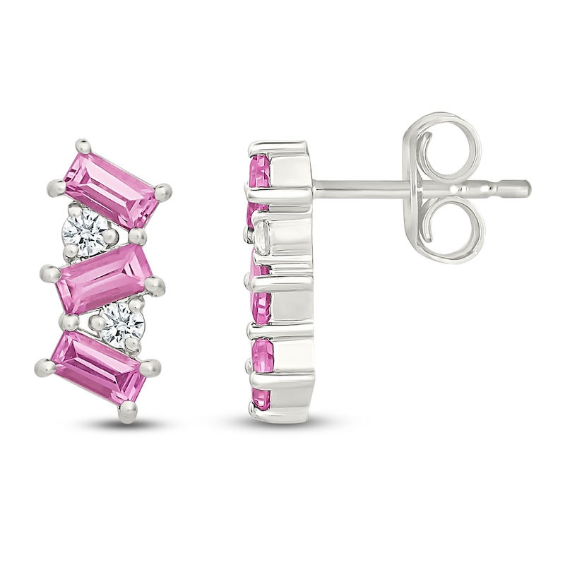 Main Image 3 of Baguette-Cut Pink Lab-Created Sapphire & Round-Cut White Lab-Created Sapphire Drop Earrings Sterling Silver