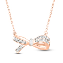 Baguette & Round-Cut Diamond Bow Necklace 1/10 ct tw 10K Rose Gold 18"