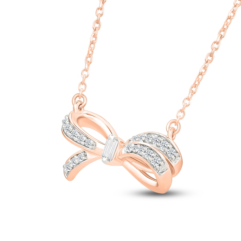 Main Image 2 of Baguette & Round-Cut Diamond Bow Necklace 1/10 ct tw 10K Rose Gold 18"
