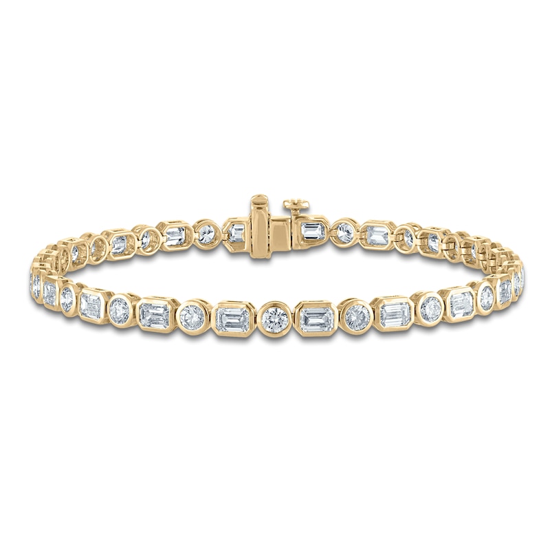 Main Image 1 of Round & Emerald-Cut Lab-Grown Diamond Bezel-Set Alternating Bracelet 6-1/5 ct tw 14K Yellow Gold 7"