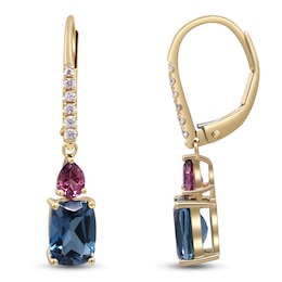 Cushion-Cut Natural London Blue Topaz, Pink Tourmaline & Diamond Drop Earrings 1/6 ct tw 14K Yellow Gold
