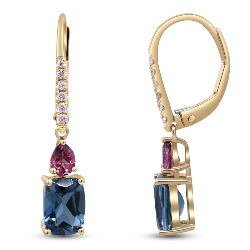 Main Image 1 of Cushion-Cut Natural London Blue Topaz, Pink Tourmaline & Diamond Drop Earrings 1/6 ct tw 14K Yellow Gold