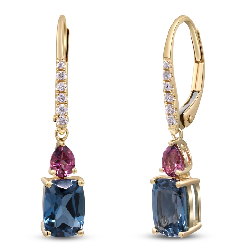 Main Image 2 of Cushion-Cut Natural London Blue Topaz, Pink Tourmaline & Diamond Drop Earrings 1/6 ct tw 14K Yellow Gold