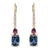 Thumbnail Image 3 of Cushion-Cut Natural London Blue Topaz, Pink Tourmaline & Diamond Drop Earrings 1/6 ct tw 14K Yellow Gold