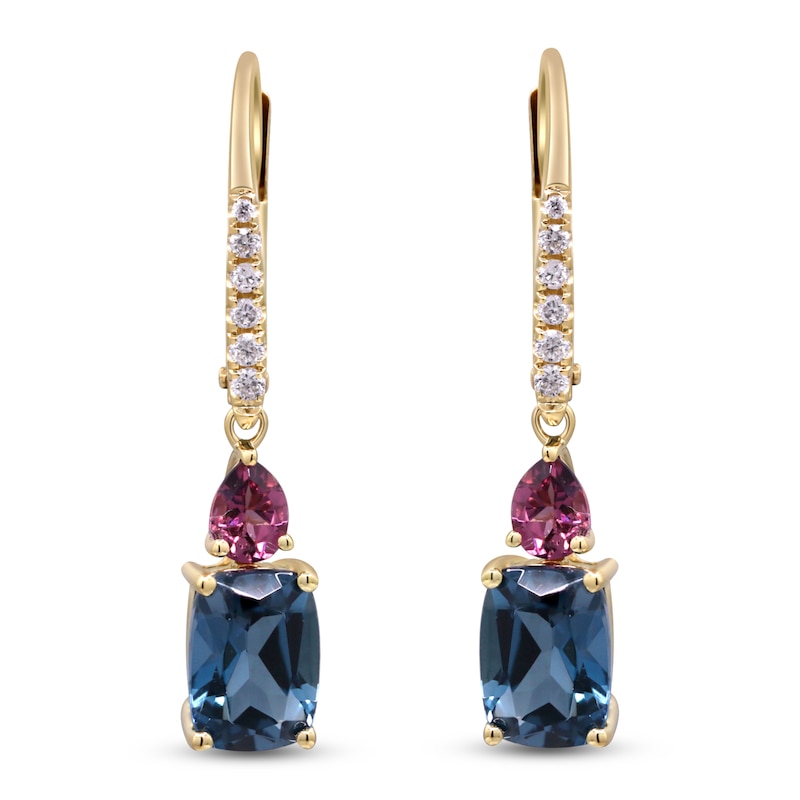 Main Image 3 of Cushion-Cut Natural London Blue Topaz, Pink Tourmaline & Diamond Drop Earrings 1/6 ct tw 14K Yellow Gold