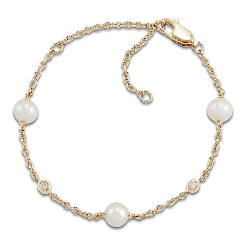 Main Image 1 of Cultured Pearl & Diamond Station Bracelet 1/20 ct tw 14K Yellow Gold 7"