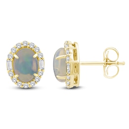 Oval-Cut Natural Opal & Diamond Halo Earrings 1/4 ct tw 14K Yellow Gold