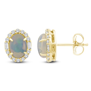 Oval-Cut Natural Opal & Diamond Halo Earrings 1/4 ct tw 14K Yellow Gold
