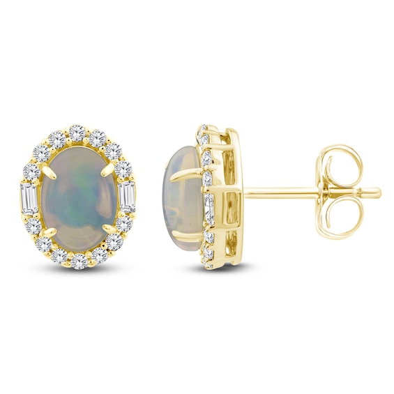 Oval-Cut Natural Opal & Diamond Halo Earrings 1/4 ct tw 14K Yellow Gold