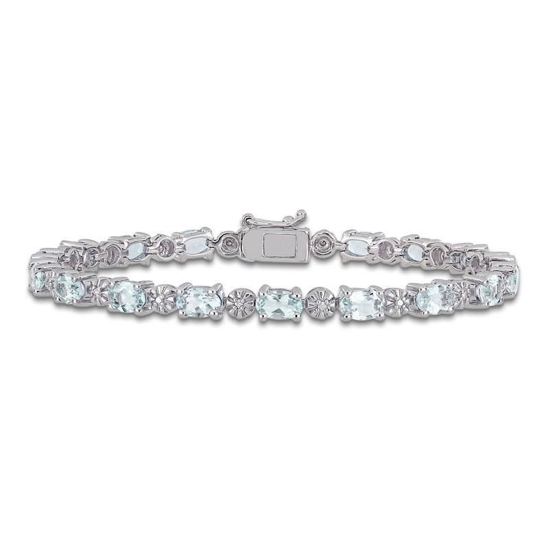 Main Image 1 of Oval-Cut Natural Aquamarine & Diamond Accent Bracelet Sterling Silver 7.25"