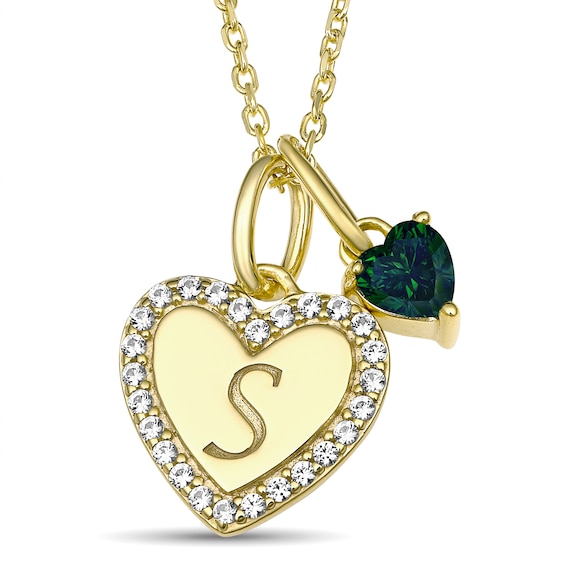 Heart Birthstone and Brilliant Accent Stones Heart Charm Initial Necklace (1 Stone and 1 Initial)