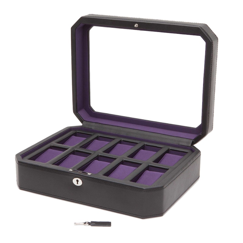 WOLF Windsor 10 Piece Watch Box Black Vegan Leather