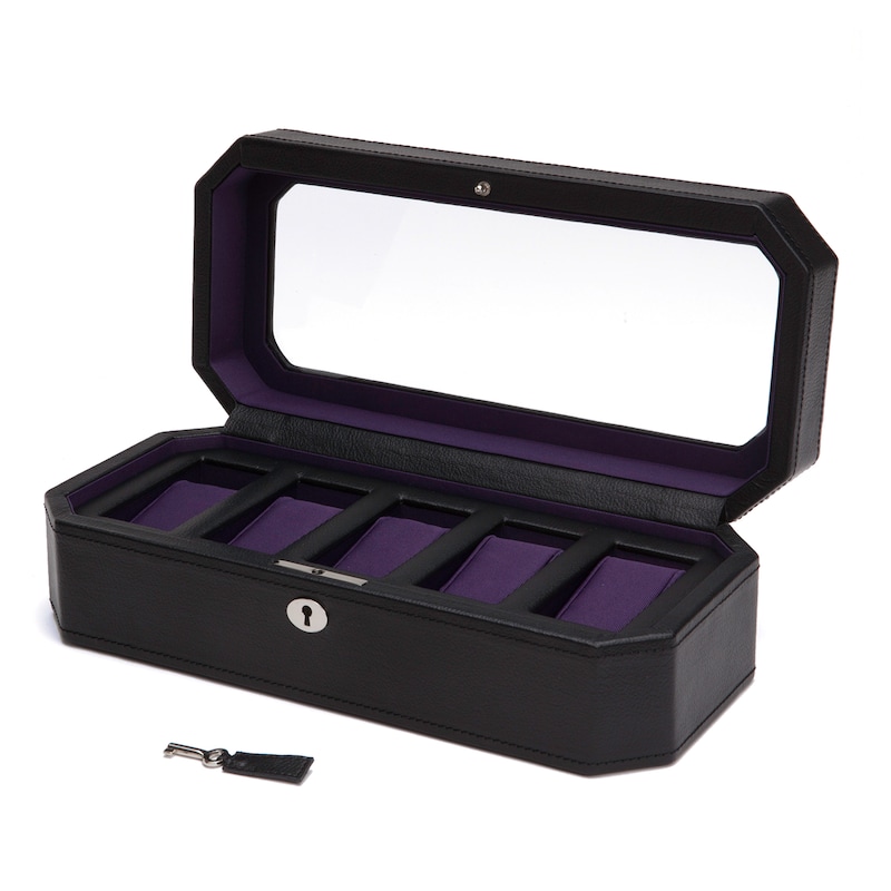 WOLF Windsor 5 Piece Watch Box Black Vegan Leather