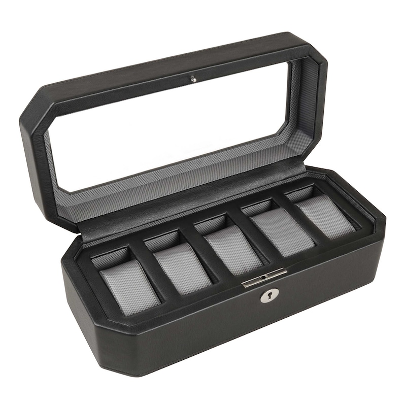 WOLF Windsor 5 Piece Watch Box Black Vegan Leather