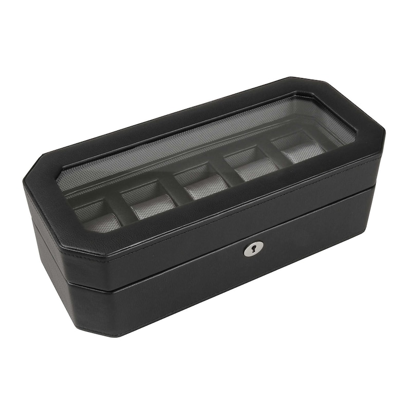 WOLF Windsor 5 Piece Watch Box Black Vegan Leather