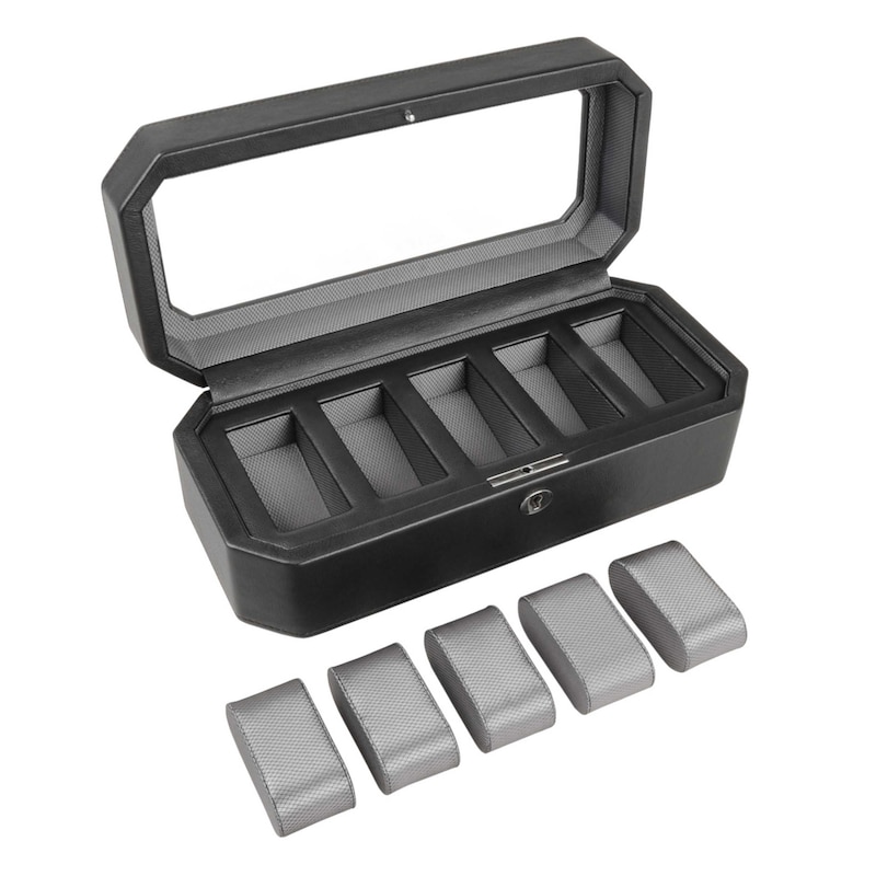 WOLF Windsor 5 Piece Watch Box Black Vegan Leather