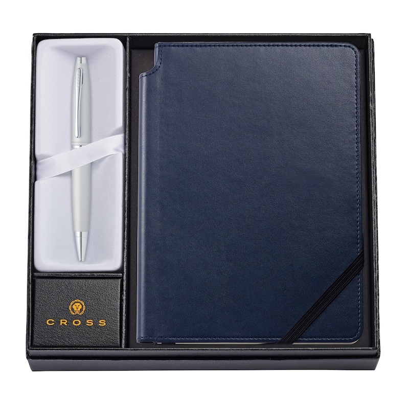 Cross Calais Satin Chrome Ballpoint Pen with Medium Classic Blue Journal