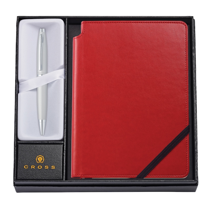 Cross Calais Satin Chrome Ballpoint Pen with Medium Classic Red Journal