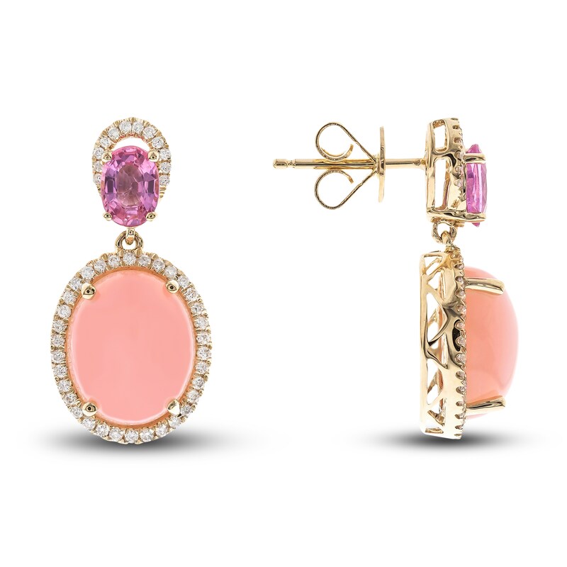 Natural Opal & Natural Pink Sapphire Dangle Earrings 1/3 ct tw Diamonds 14K Yellow Gold