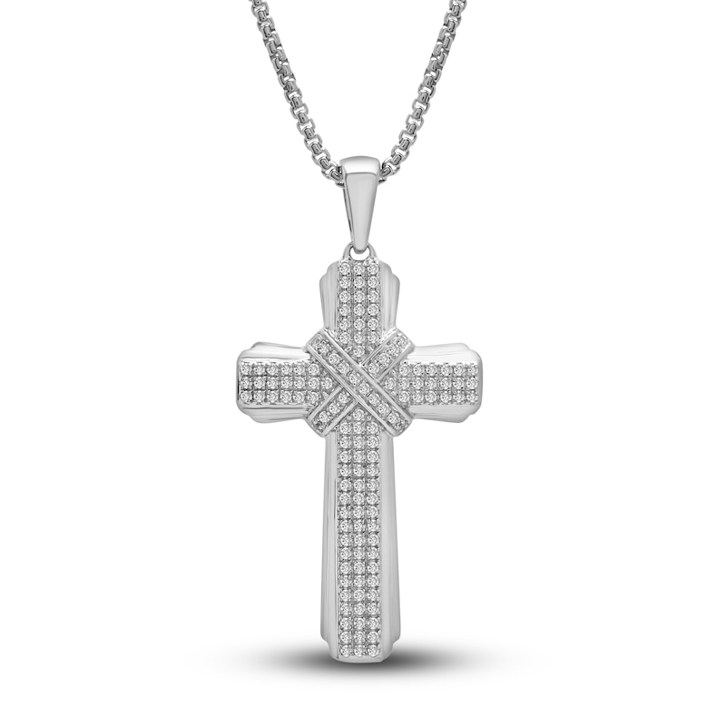 Main Image 1 of Men's Diamond Cross Pendant Necklace 1/2 ct tw Round Sterling Silver 22&quot;