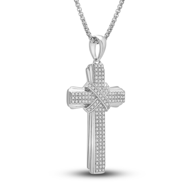 Main Image 2 of Men's Diamond Cross Pendant Necklace 1/2 ct tw Round Sterling Silver 22&quot;