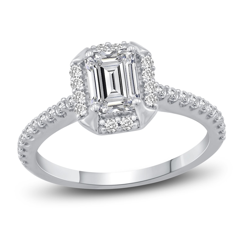 Main Image 1 of Diamond Halo Engagement Ring 7/8 ct tw Emerald/Round 14K White Gold