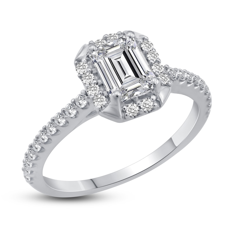 Main Image 5 of Diamond Halo Engagement Ring 7/8 ct tw Emerald/Round 14K White Gold