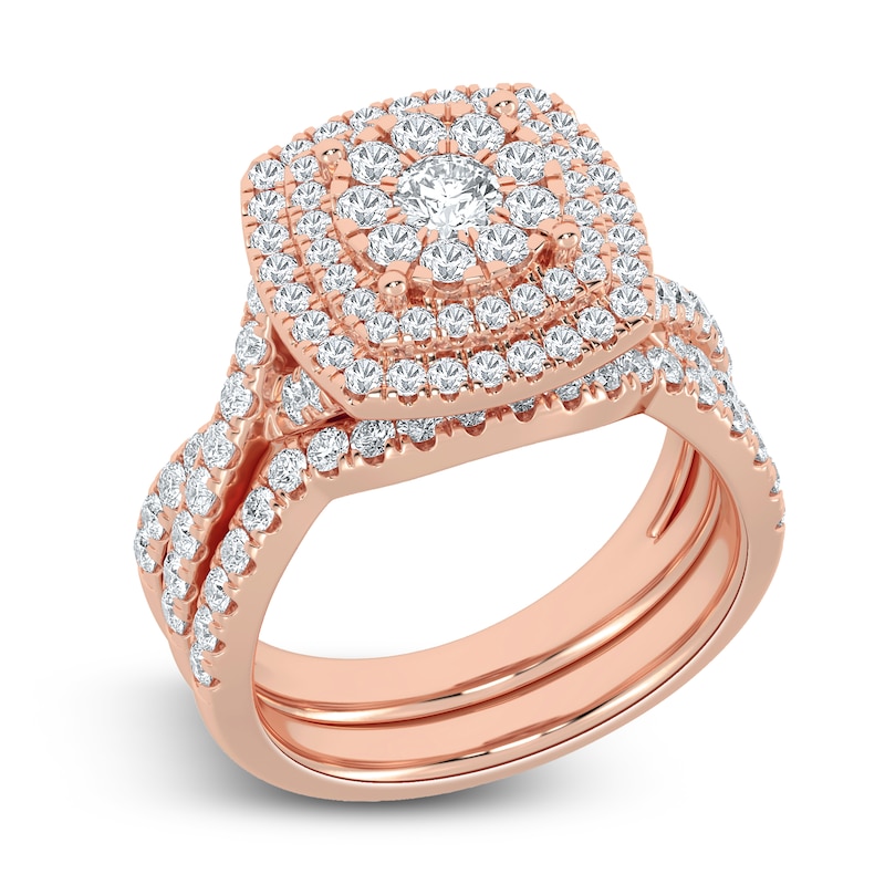 Main Image 2 of Diamond Double Halo Bridal Set 2 ct tw Round 14K Rose Gold