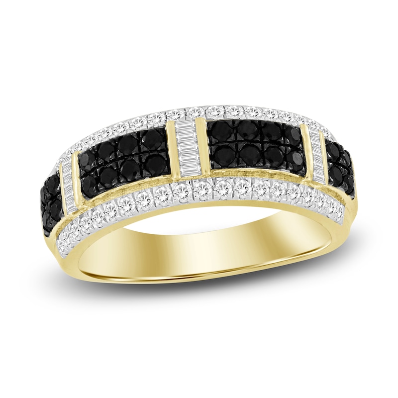 Main Image 1 of Men's Black & White Diamond Ring 1 ct tw Round/Baguette 10K Yellow Gold