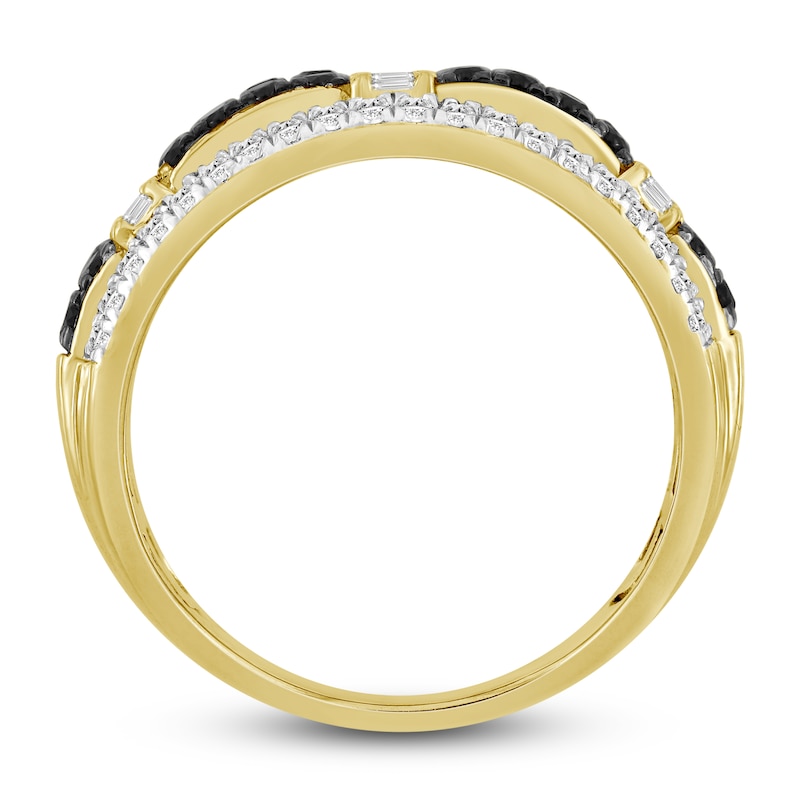 Main Image 2 of Men's Black & White Diamond Ring 1 ct tw Round/Baguette 10K Yellow Gold