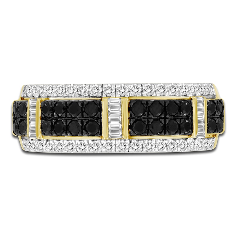 Main Image 3 of Men's Black & White Diamond Ring 1 ct tw Round/Baguette 10K Yellow Gold