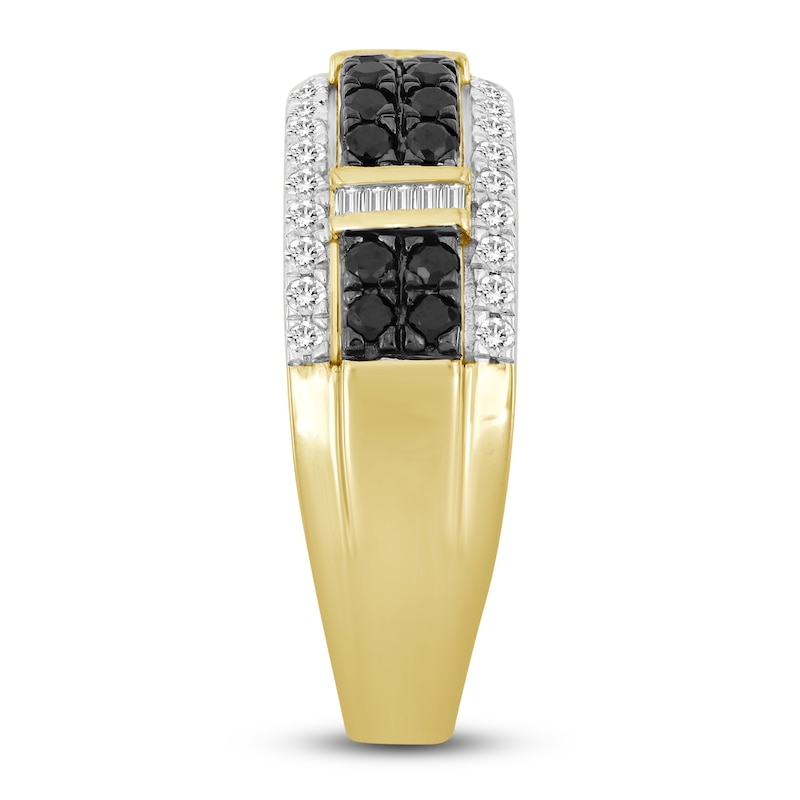 Main Image 4 of Men's Black & White Diamond Ring 1 ct tw Round/Baguette 10K Yellow Gold