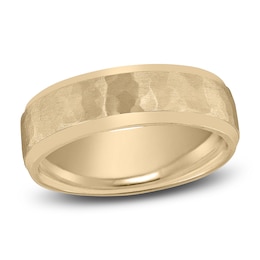 Hammered Beveled Wedding Band 14K Yellow Gold 7mm