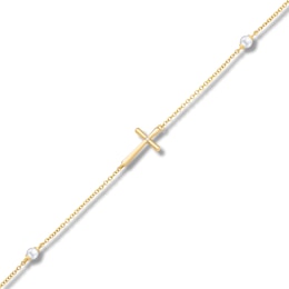 Children's Freshwater Cultured Pearl & Diamond Accent Cross Bracelet 14K Yellow Gold 6"