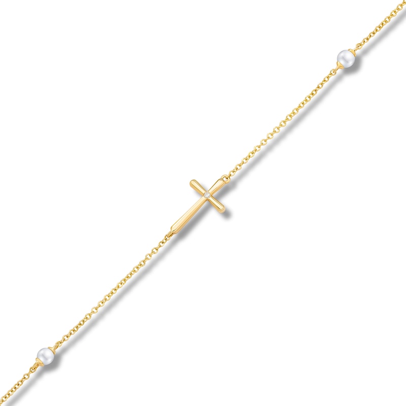 Main Image 1 of Children's Freshwater Cultured Pearl & Diamond Accent Cross Bracelet 14K Yellow Gold 6"